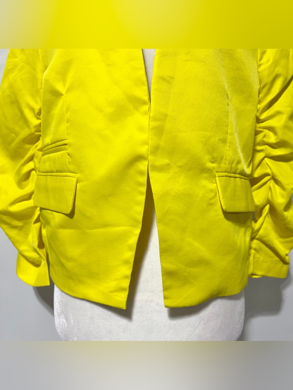 New H&M Ruched Sleeves Open Front Blazer Bright Yellow Size 12 - Picture 4 of 14